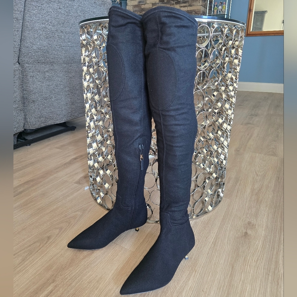 Authentic Valentino Garavani Black Over-the-Knee Pointed Toe Stretch Boots